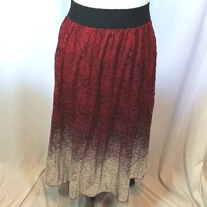LuLaRoe Women's Gradient Wide Elastic Band Burgandy to Silver Lace Skirt Size XL